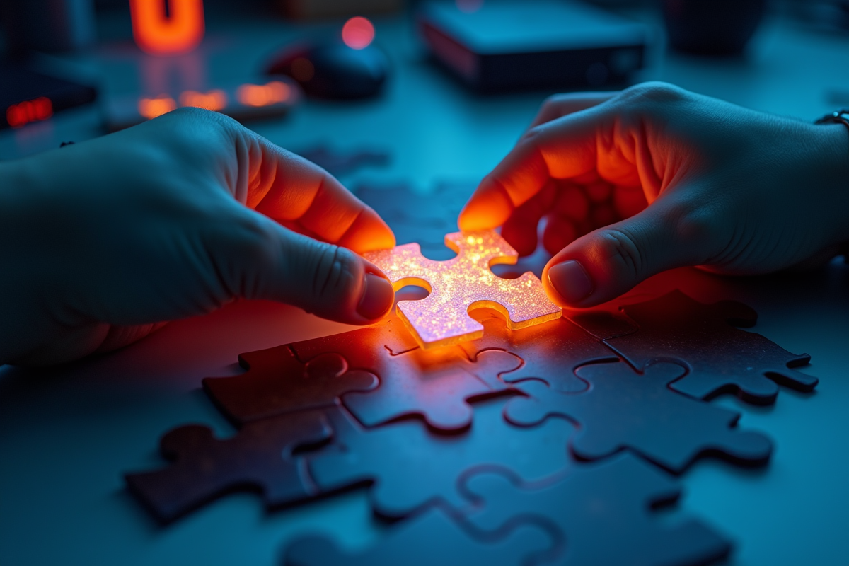 Mains tenant une pièce de puzzle lumineuse sur un bureau moderne
