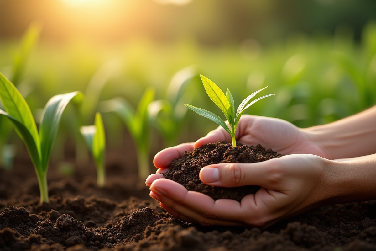 Mains tenant la terre riche avec jeunes plants de blé maïs et riz