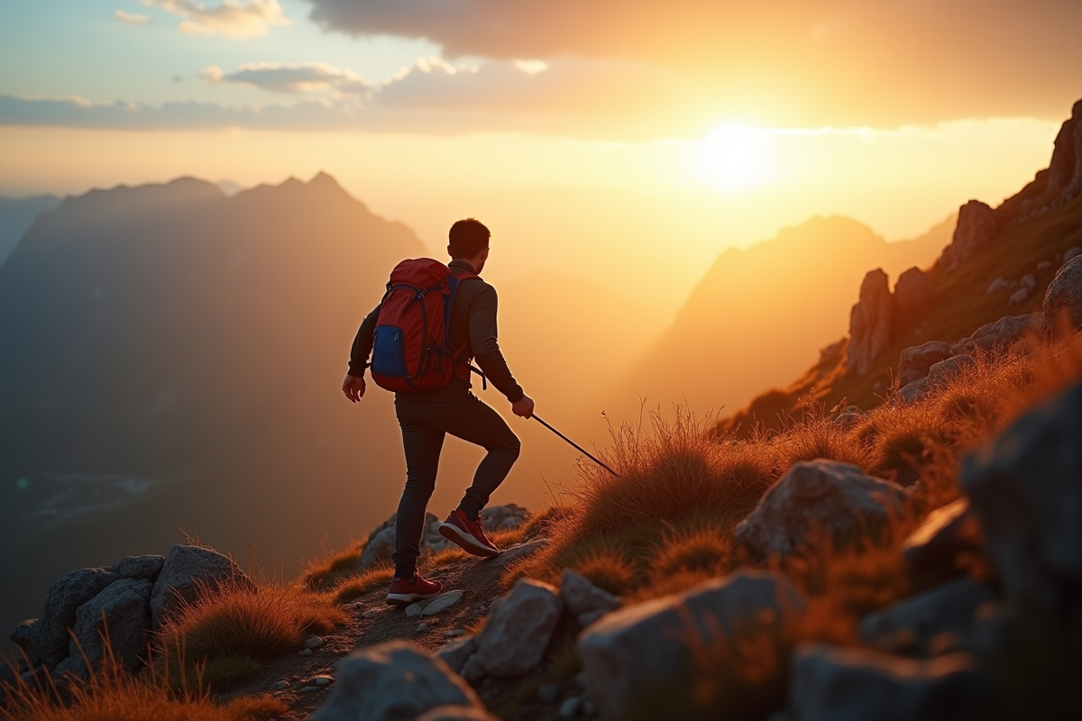 Jeune grimpeur atteignant le sommet au lever du soleil