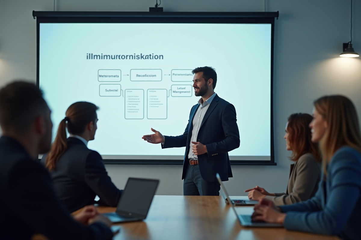Professionnel en présentation avec un pitch deck moderne