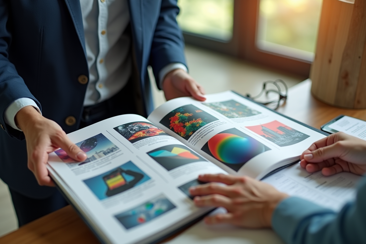 Professionnel présentant un portfolio imprimé à un client dans un bureau moderne