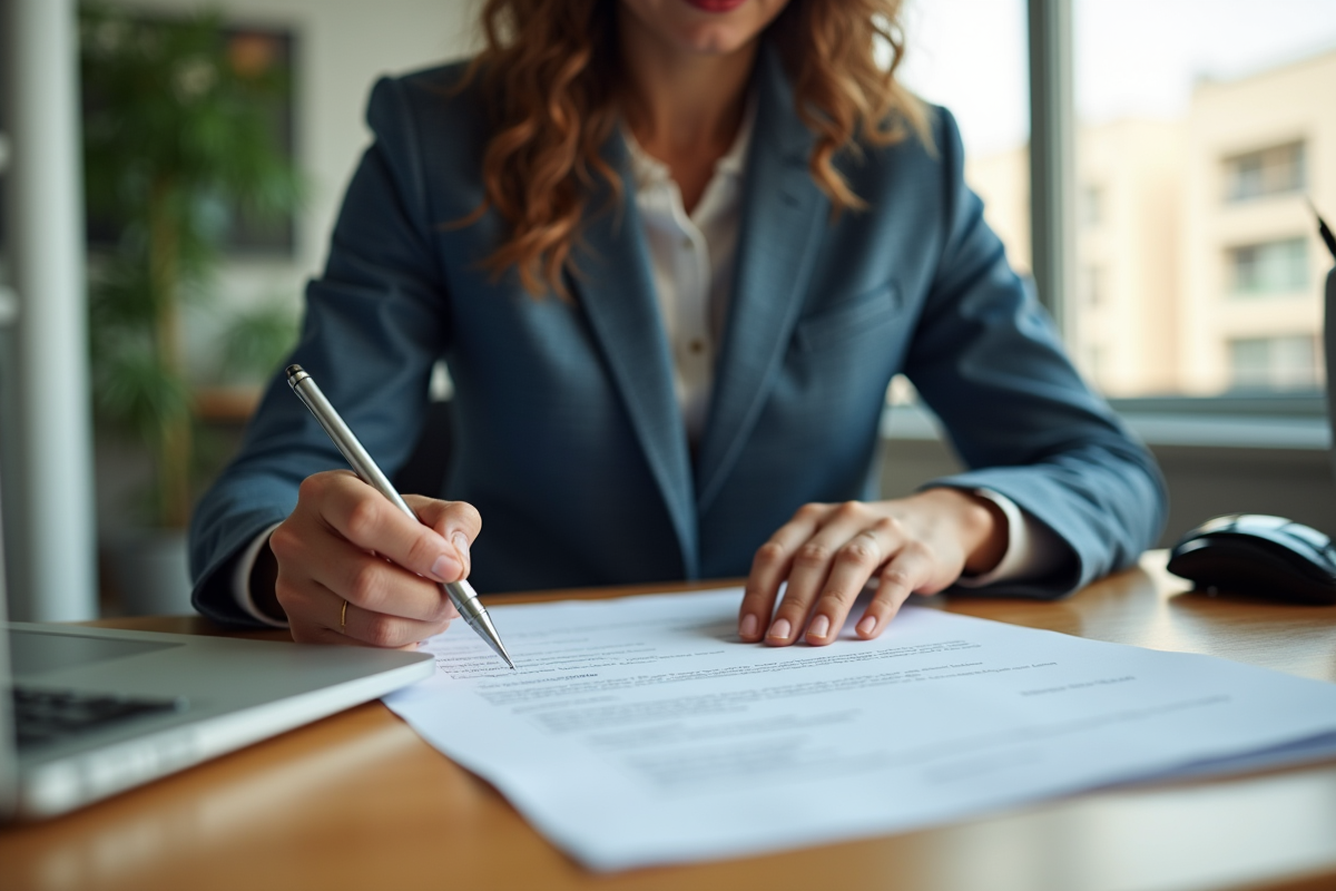 Professionnel bien habille révisant son CV sur un bureau lumineux