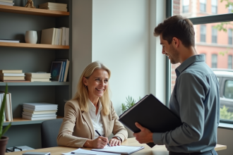 Femme en bureau remettant un certificat bénévole à un jeune homme