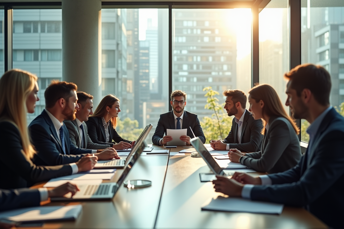 Réunion d'affaires dans un bureau moderne avec groupe diversifié