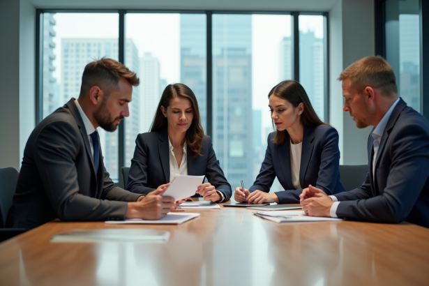 Quatre adultes en réunion dans un bureau moderne