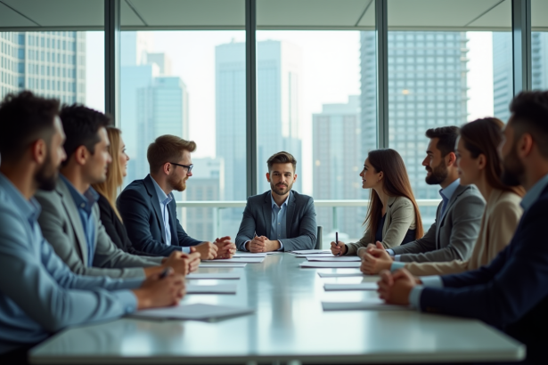 Groupe de professionnels en réunion dans un bureau moderne