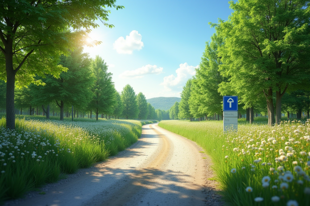 Deux routes divergentes dans un parc urbain ensoleille avec verdure
