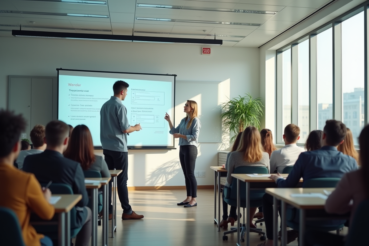Salle de classe moderne avec enseignant confiant et étudiants actifs