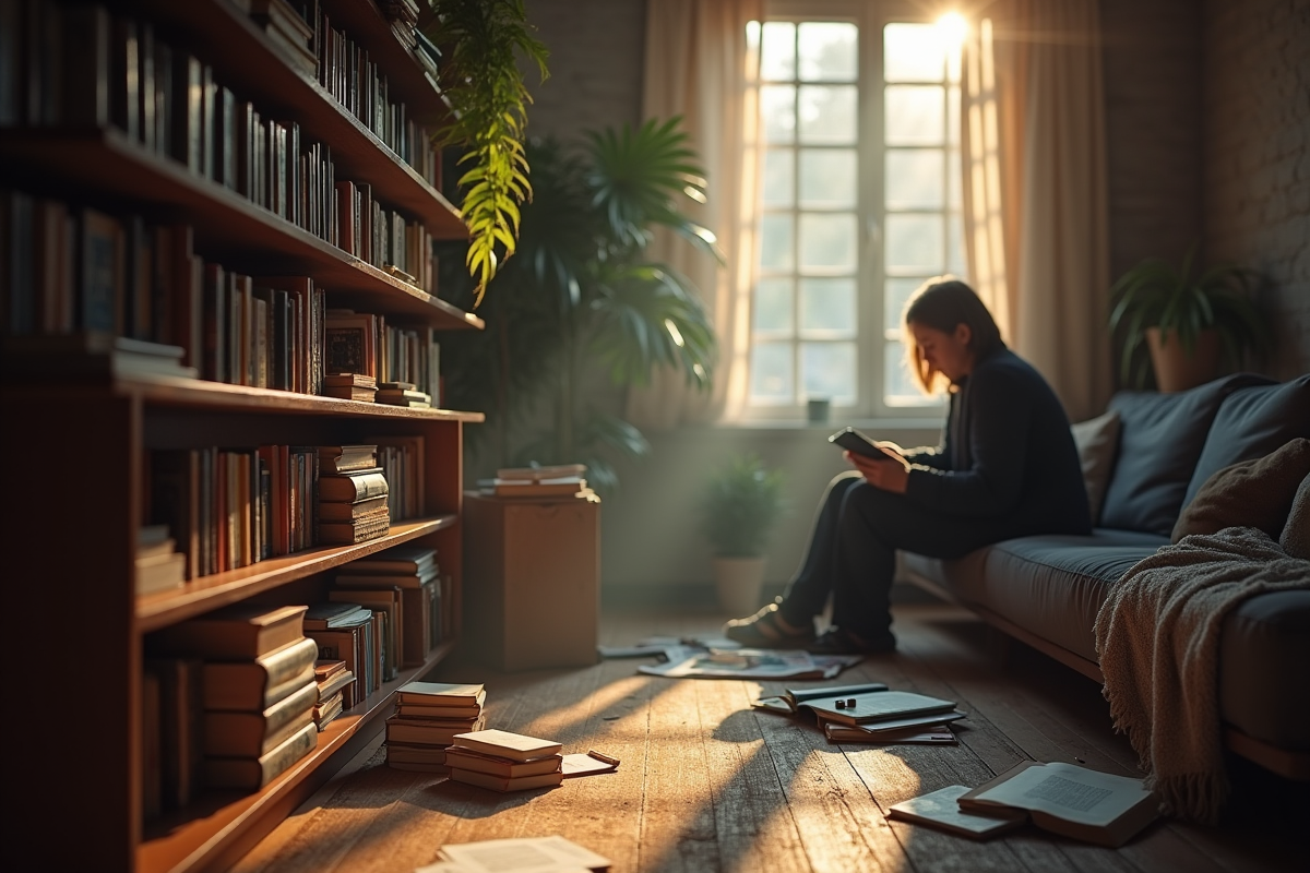 Personne dans un salon encombré regarde son téléphone