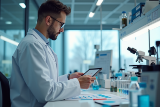 Scientifique en laboratoire examinant un rapport financier