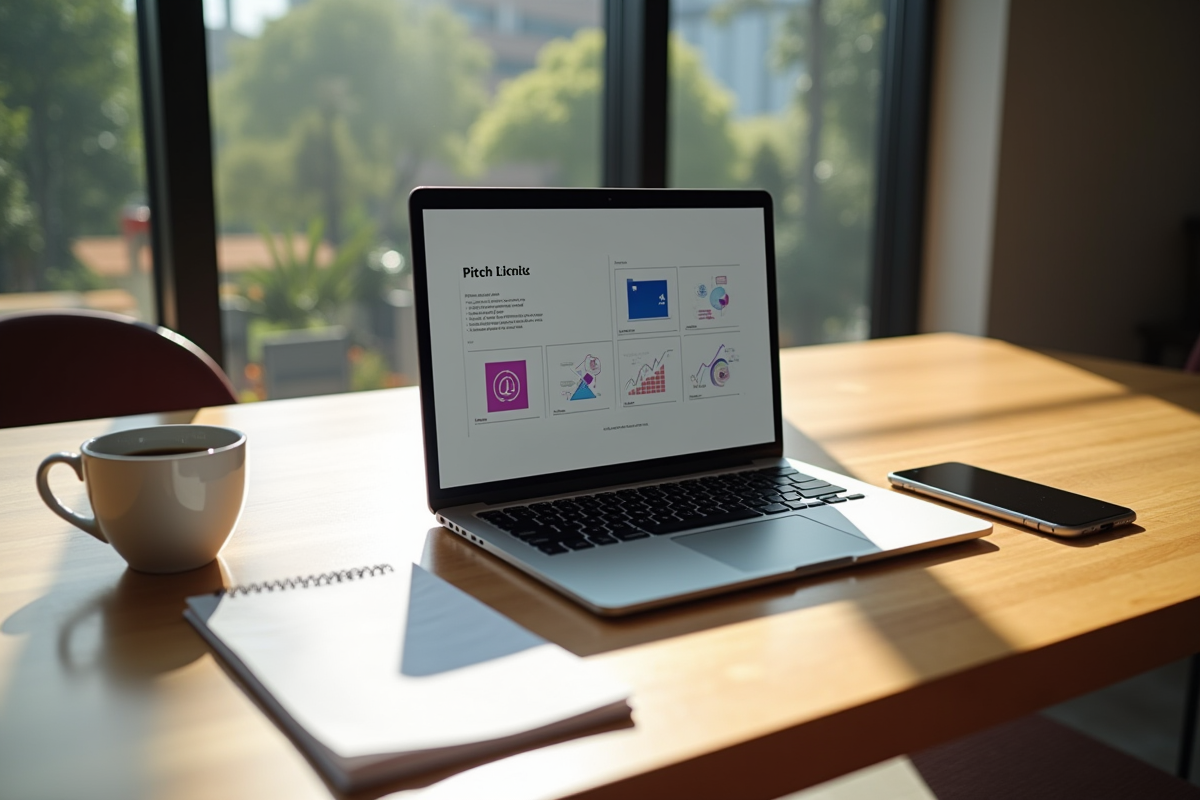 Table de travail avec ordinateur et notes pour pitch deck
