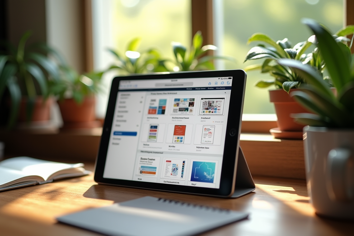 Tablette affichant un portfolio graphique sur un bureau ensoleille